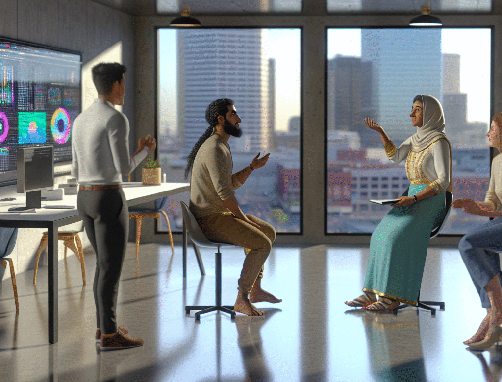 Team discussing AI and augmented reality projects in a modern office with city view